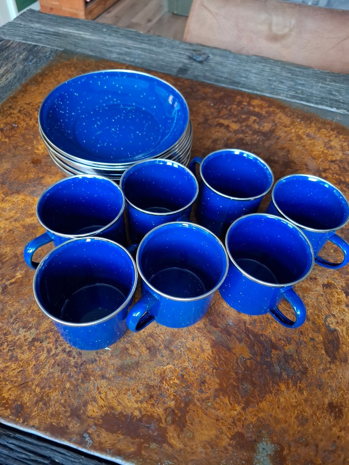 Emaille servies set: 12 borden en 7 mokken (blauw), Ophalen of Verzenden