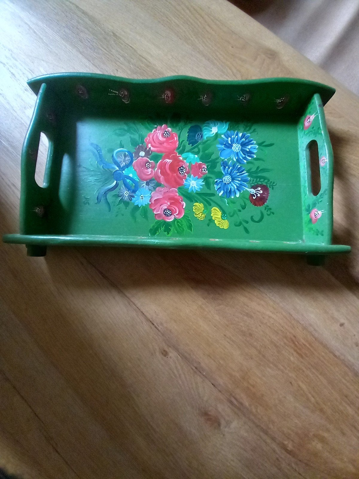 Vintage houten dienblad met handgeschilderde bloemen, Antiek en Kunst, Ophalen of Verzenden