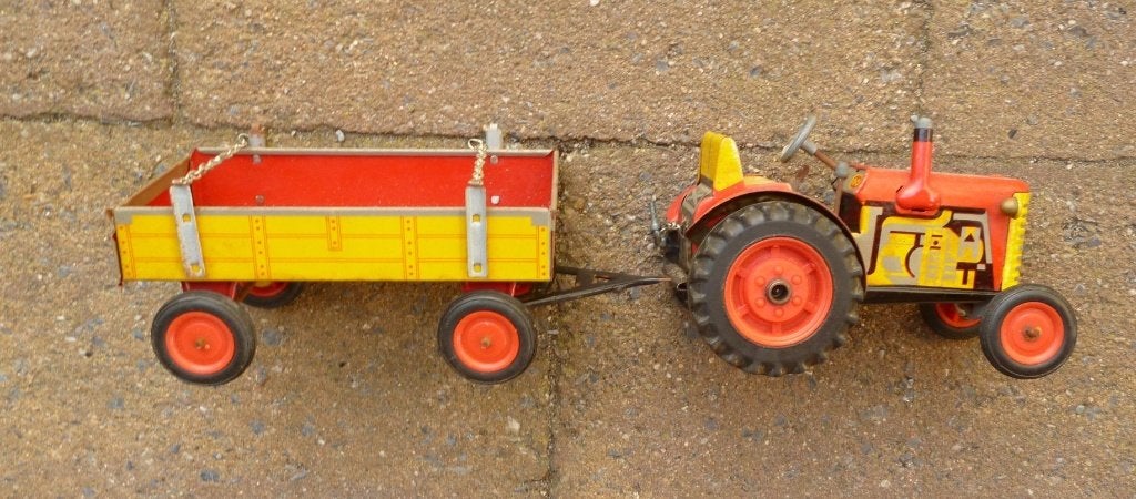 Blikken jaren -50 tractor met kar (Kovap Zetor), Ophalen of Verzenden, Gebruikt