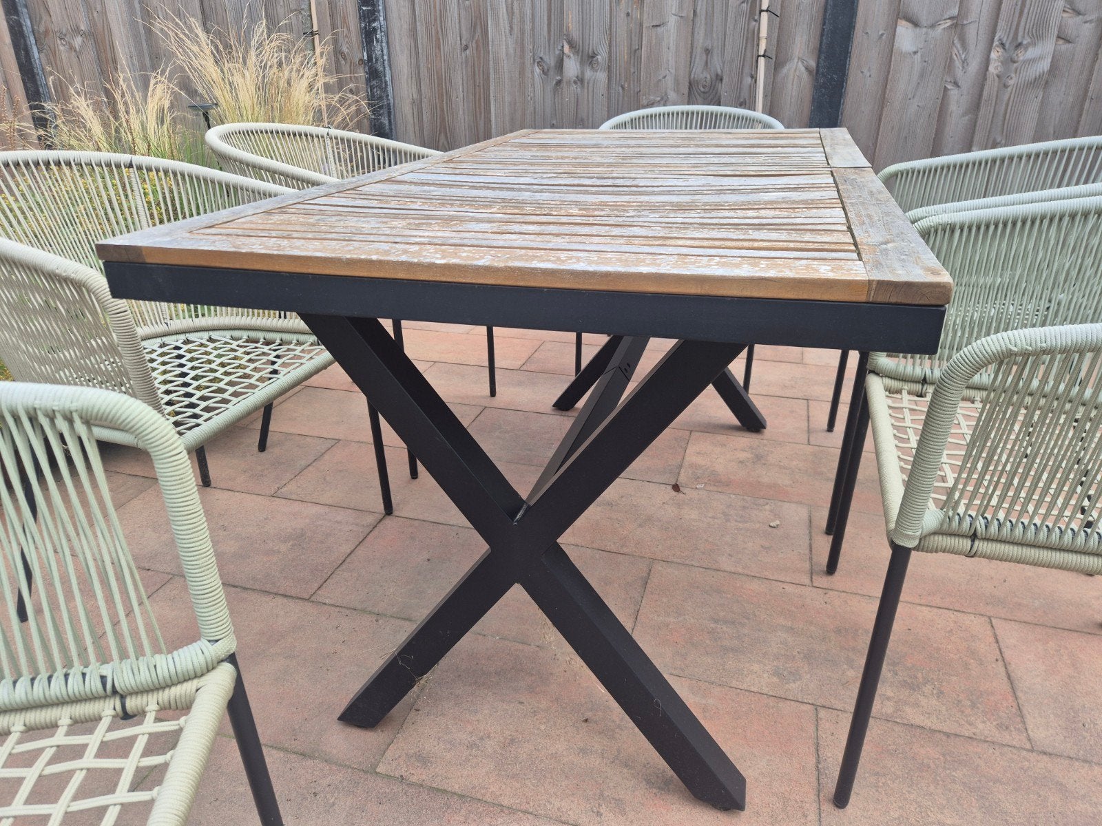 Tuinset met 6 stoelen en teakhouten tafel, Ophalen, Gebruikt, 6 zitplaatsen, Teakhout