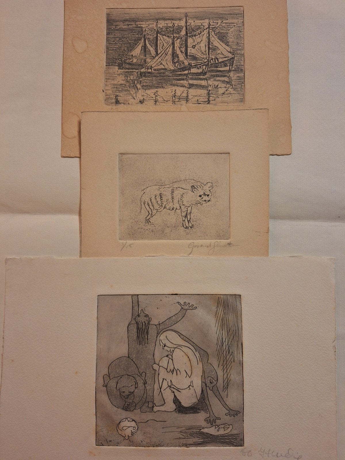 3x Etsen Gerard Sluijter: Schepen, Hyena en Figuren, Origineel, Ophalen of Verzenden, Flora en Fauna, 1950 - 1999
