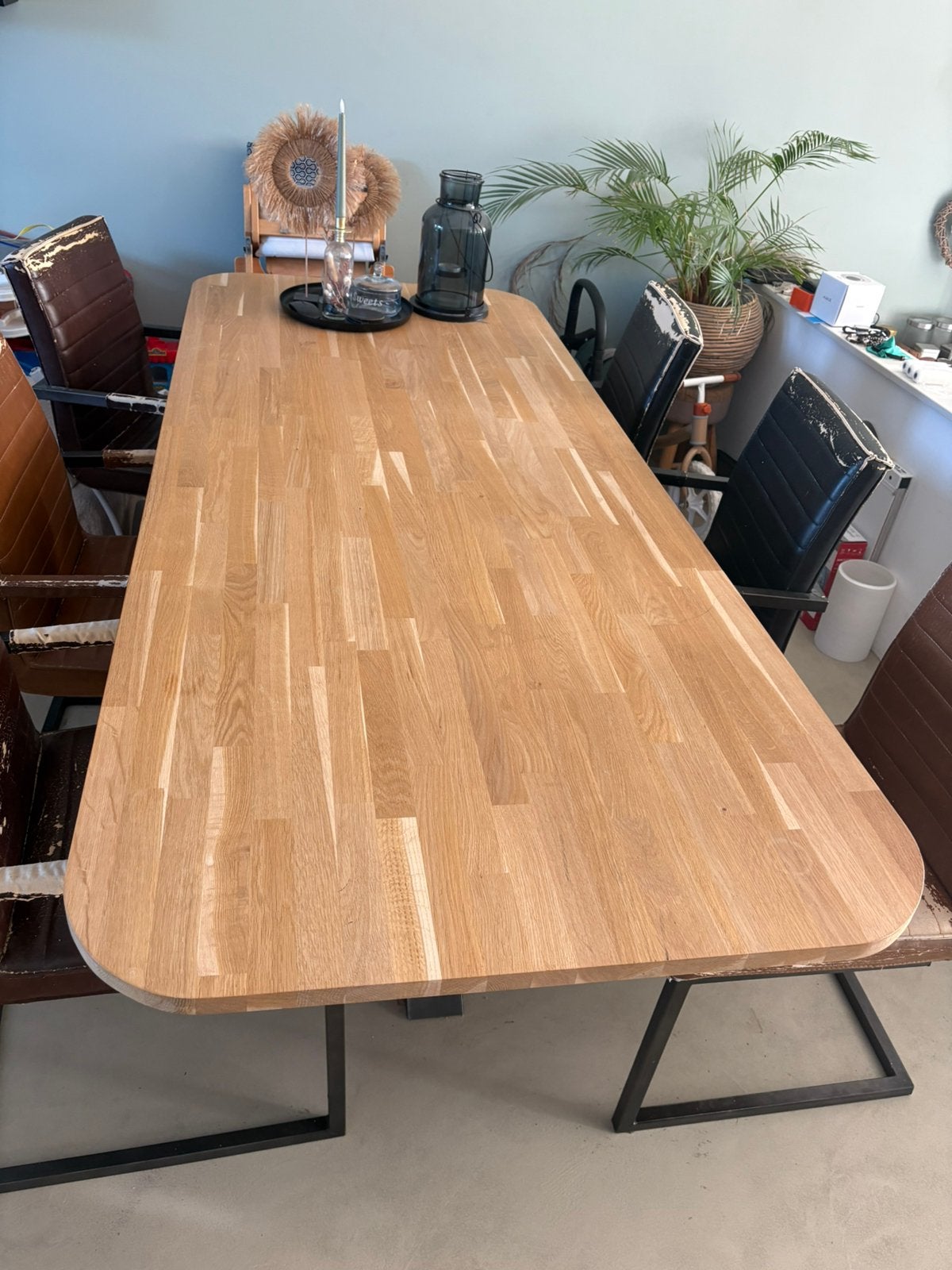 Eettafel, eikenhouten blad en stalen poot, Ophalen, Gebruikt, Eikenhout, 200 cm of meer