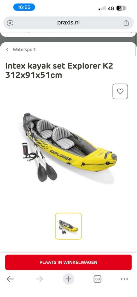 Intex Explorer K2 opblaasbare kano voor 2 personen, Ophalen, Opblaasbaar, Zo goed als nieuw, 2-persoons