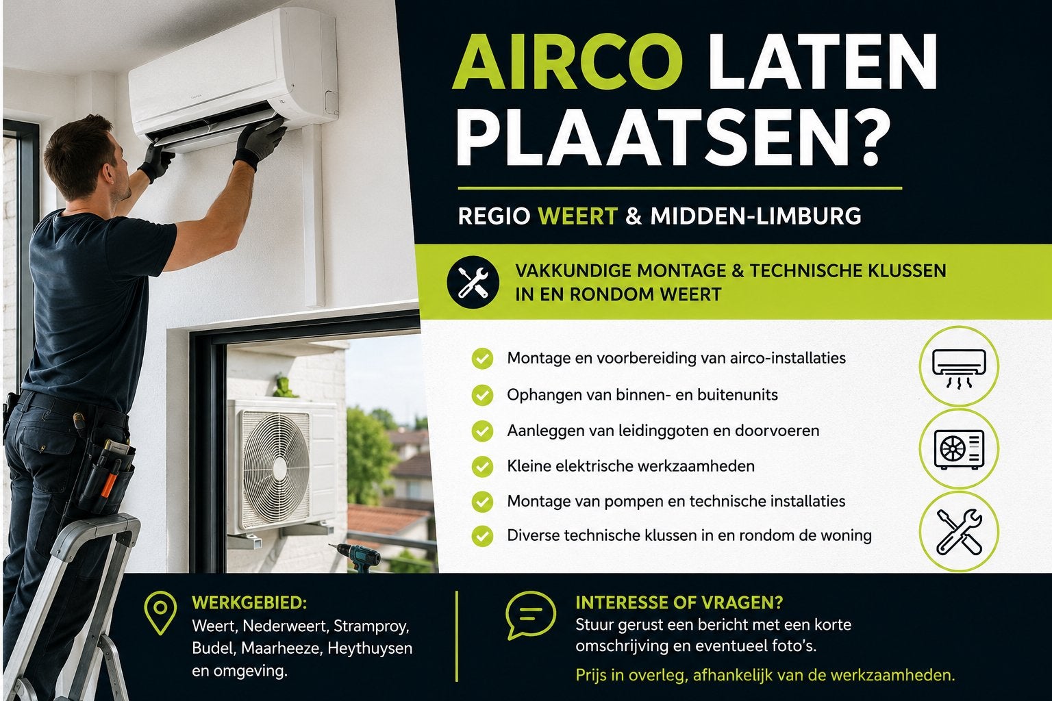 Airco laten plaatsen? | Regio Weert & Midden-Limburg, Witgoed en Apparatuur, Ophalen, Wandairco, Minder dan 60 m³, 3 snelheden of meer