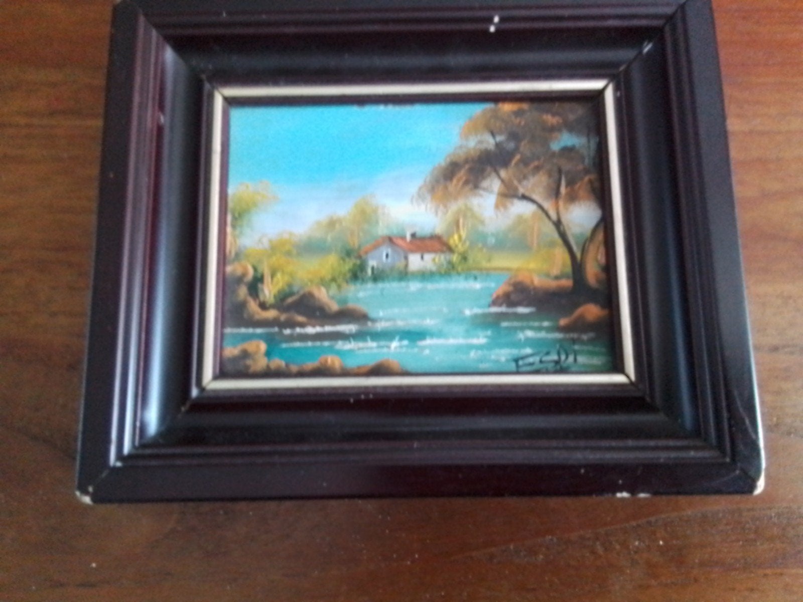 Miniatuur Schilderij Landschap met Huisje en Rivier, Antiek en Kunst, Ophalen of Verzenden
