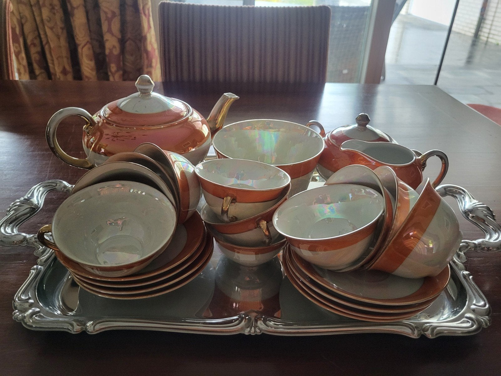 Antiek servies parelmoer, oranje, Antiek en Kunst, Antiek | Servies compleet, Ophalen
