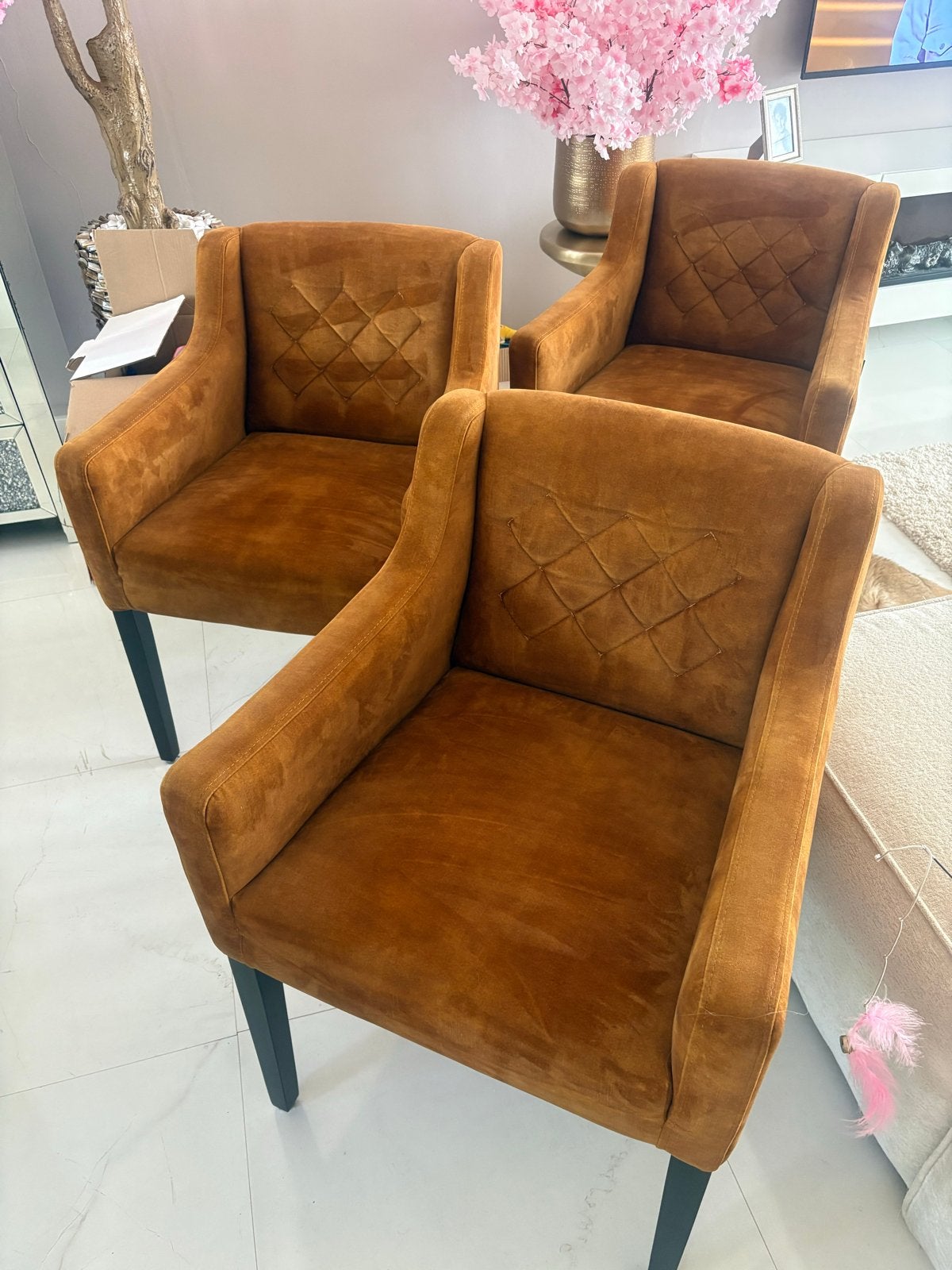 Set van 6 comfortabele eetkamerstoelen in okergeel, Huis en Inrichting, Stoelen, Ophalen, Overige kleuren, Zo goed als nieuw, Stof