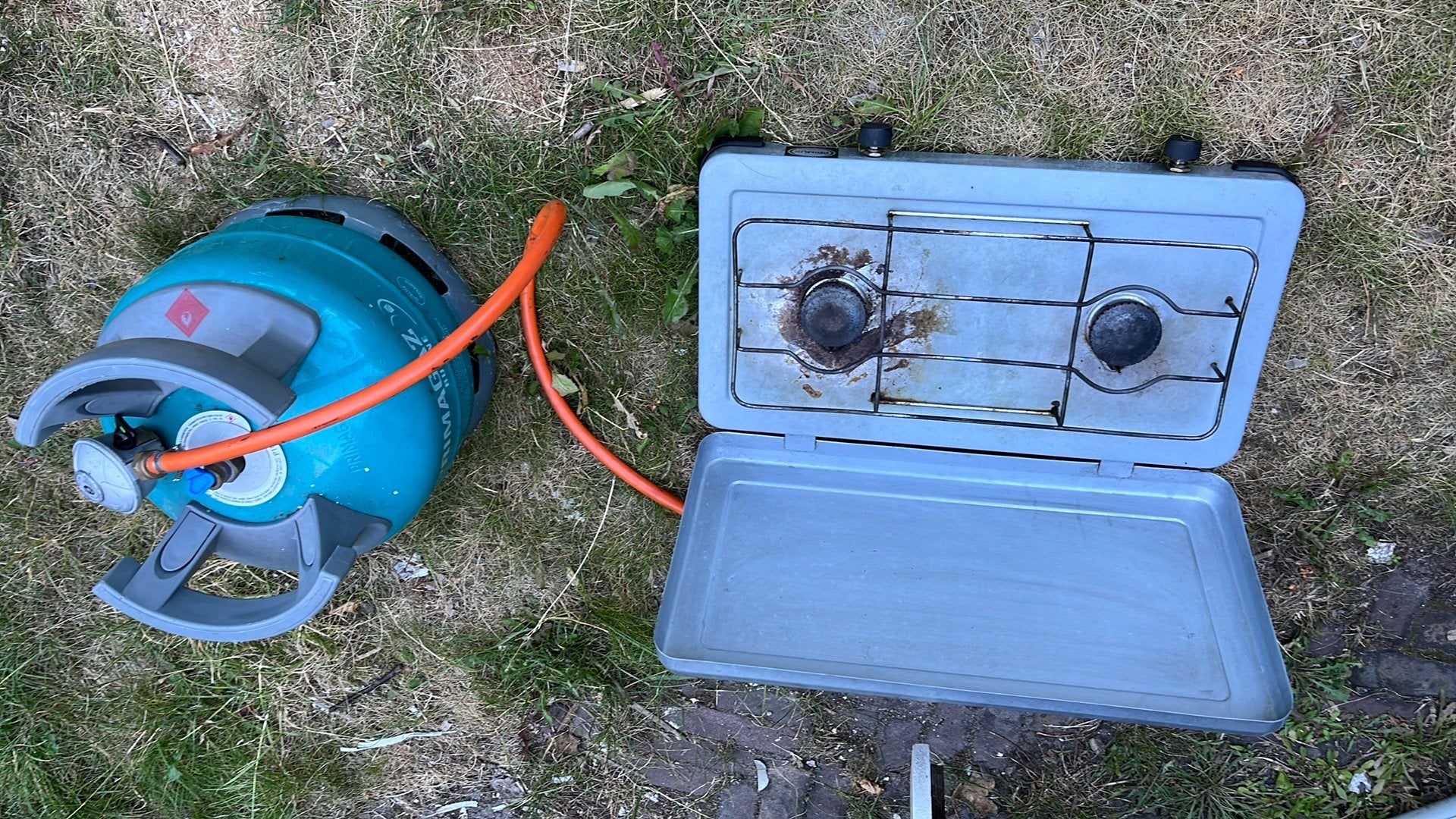 Camping kook toestel met Franse gasfles en drukregelaar, Ophalen of Verzenden, Gebruikt