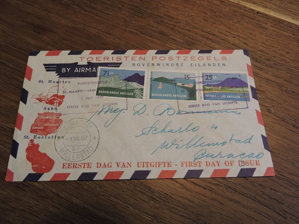 fdc nederlandse antillen  E  E2_10M – 1 juli 1957, Verzenden, Gestempeld