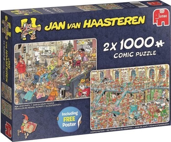 Puzzel Jan van Haasteren - 2in1 O&N Feestje en Fabriek vd Ke, Ophalen of Verzenden, 500 t/m 1500 stukjes, Zo goed als nieuw, Legpuzzel