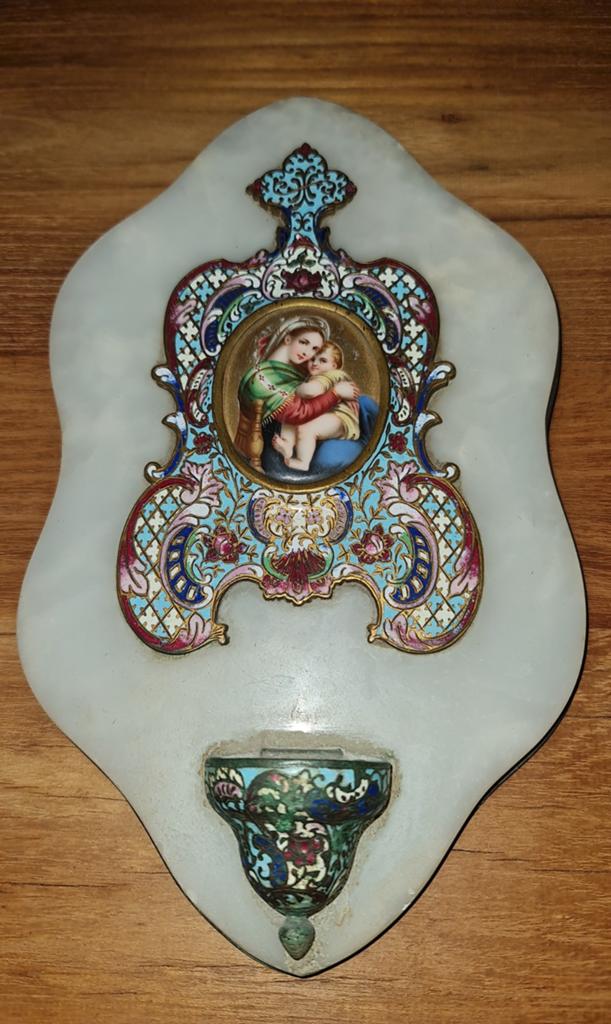 Antiek weiwaterbakje, emaille, alabastersteen., Ophalen of Verzenden