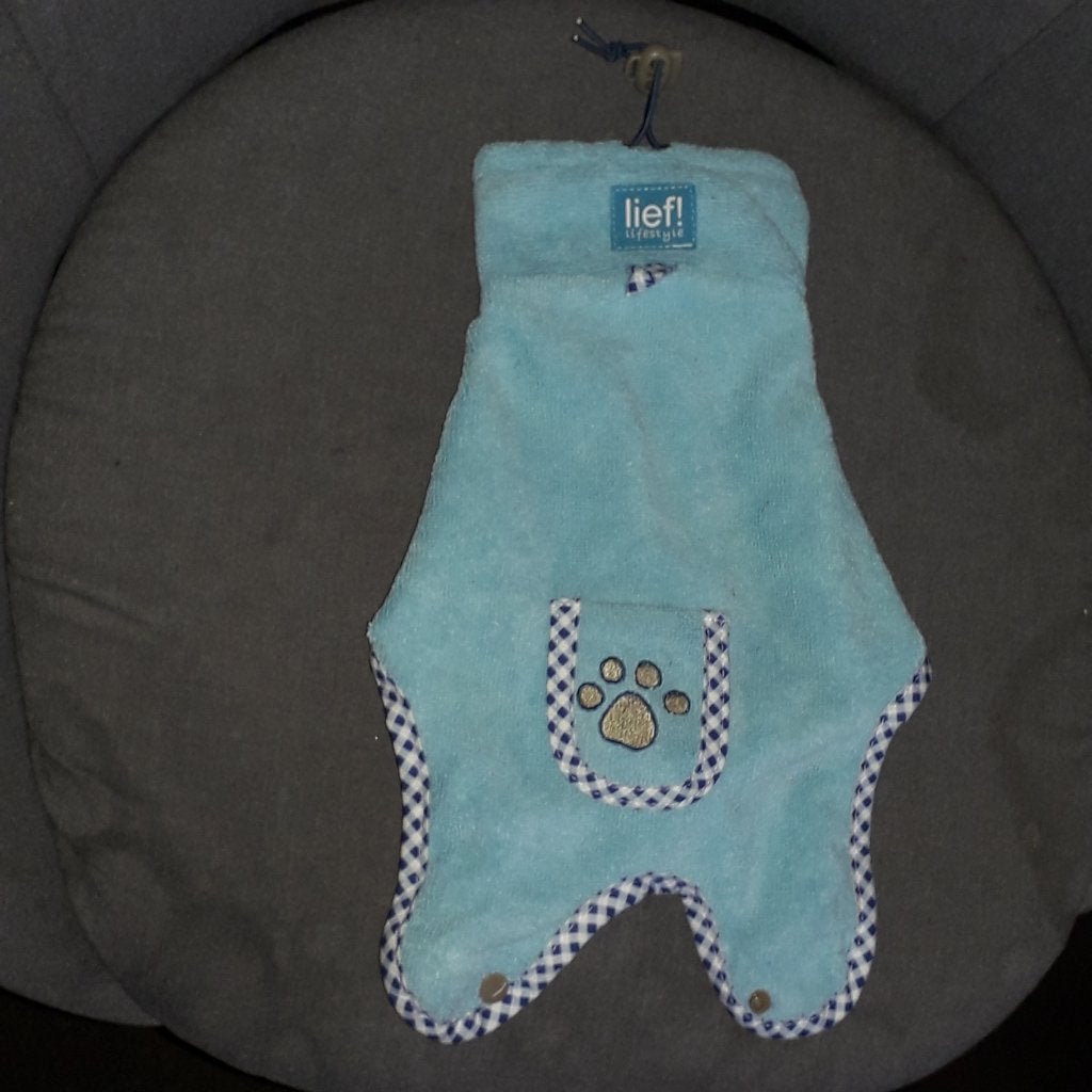 Badjas hond maat XXS blauw merk Lief!, Dieren en Toebehoren, Ophalen of Verzenden, Zo goed als nieuw, Hondenbadjas