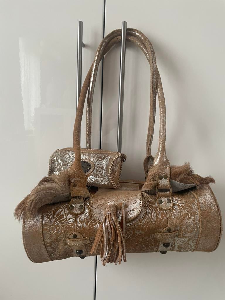 Prachtige aparte handtas van PH&T koeienhuid, zilver, beige, Ophalen, 40 tot 60 cm, 30 cm of meer, Beige