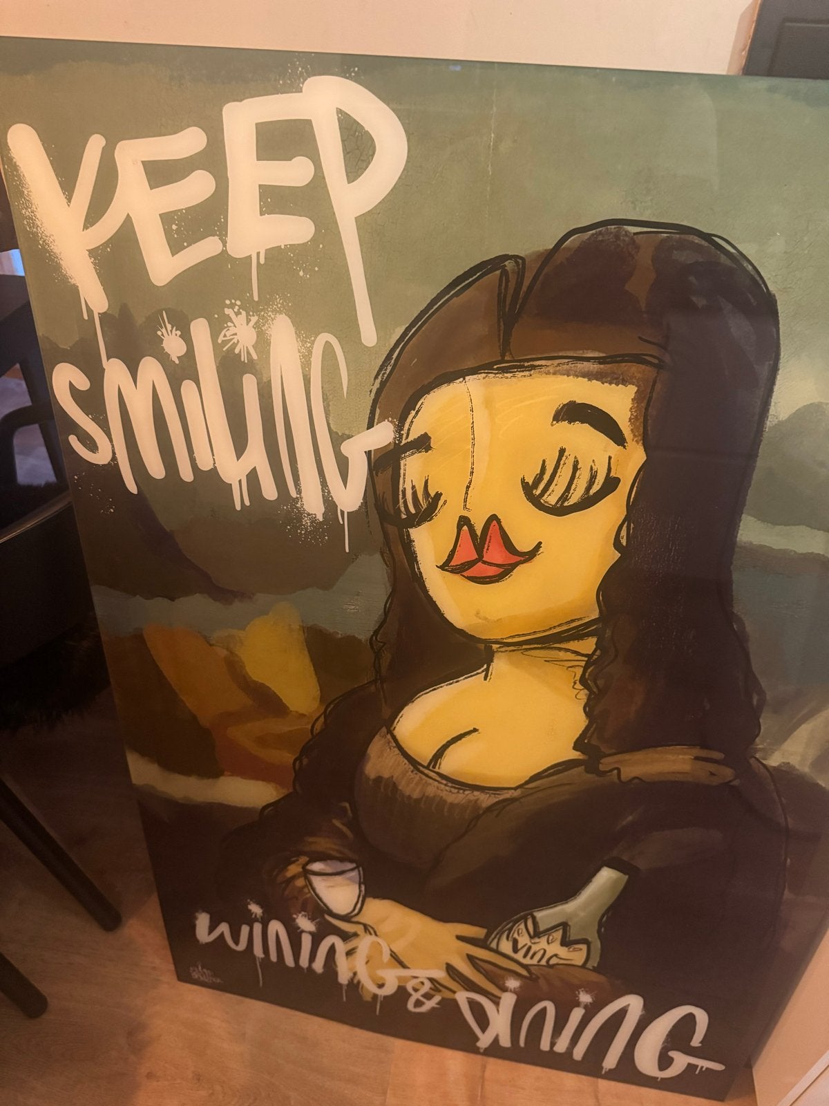 Mona Lisa 'Keep Smiling' pop-art schilderij, Hout, Ophalen of Verzenden, Print, Op houten frame