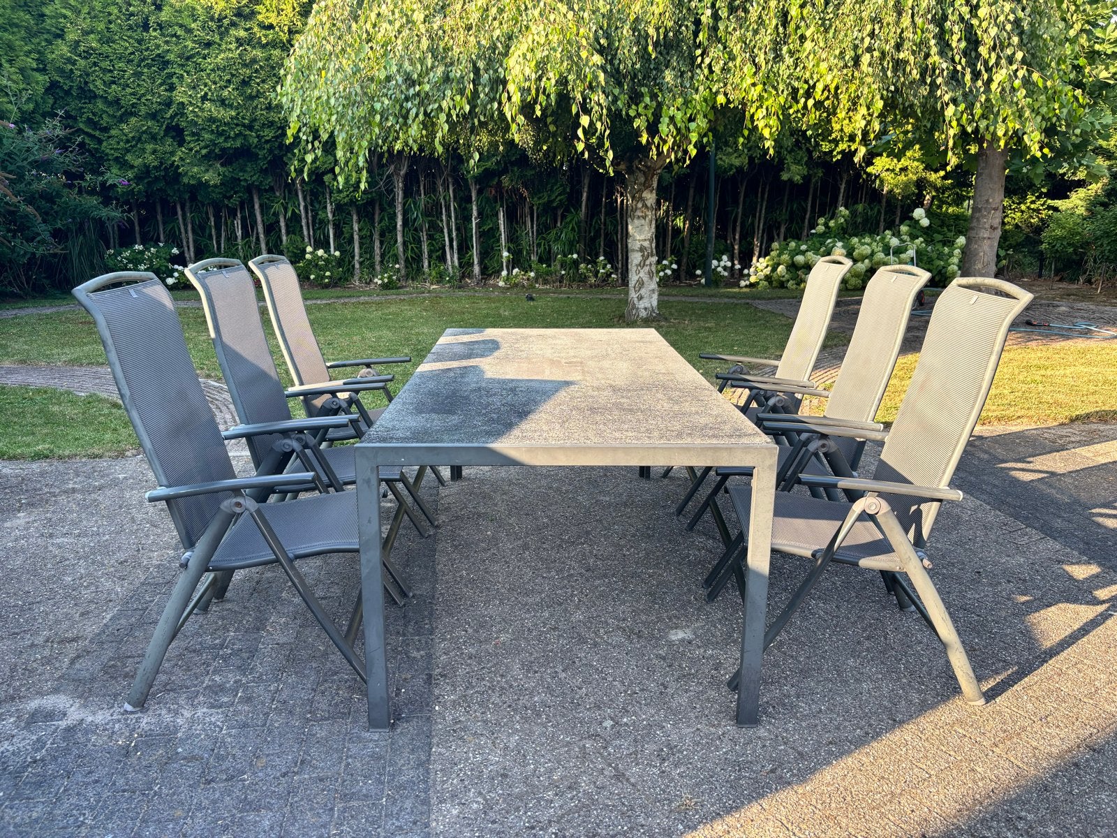 Tuinset met 6 stoelen en grote tafel, Tuin en Terras, Tuinsets en Loungesets, Ophalen, Overige materialen, Gebruikt, Eettafel