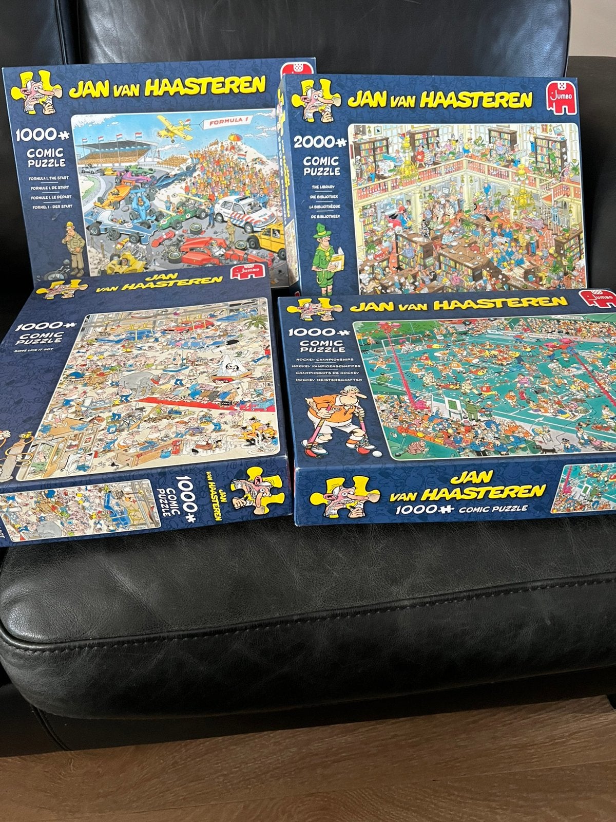 4 puzzels Jan van Haasteren, Ophalen, 500 t/m 1500 stukjes, Zo goed als nieuw, Legpuzzel