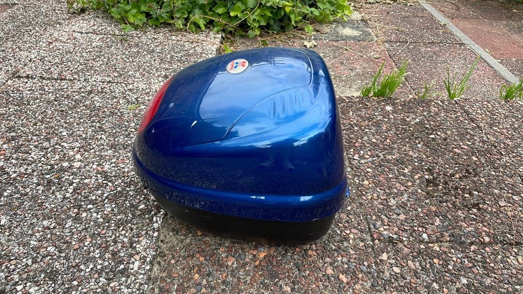 Blauwe topkoffer voor scooter of motor, Ophalen, Gebruikt