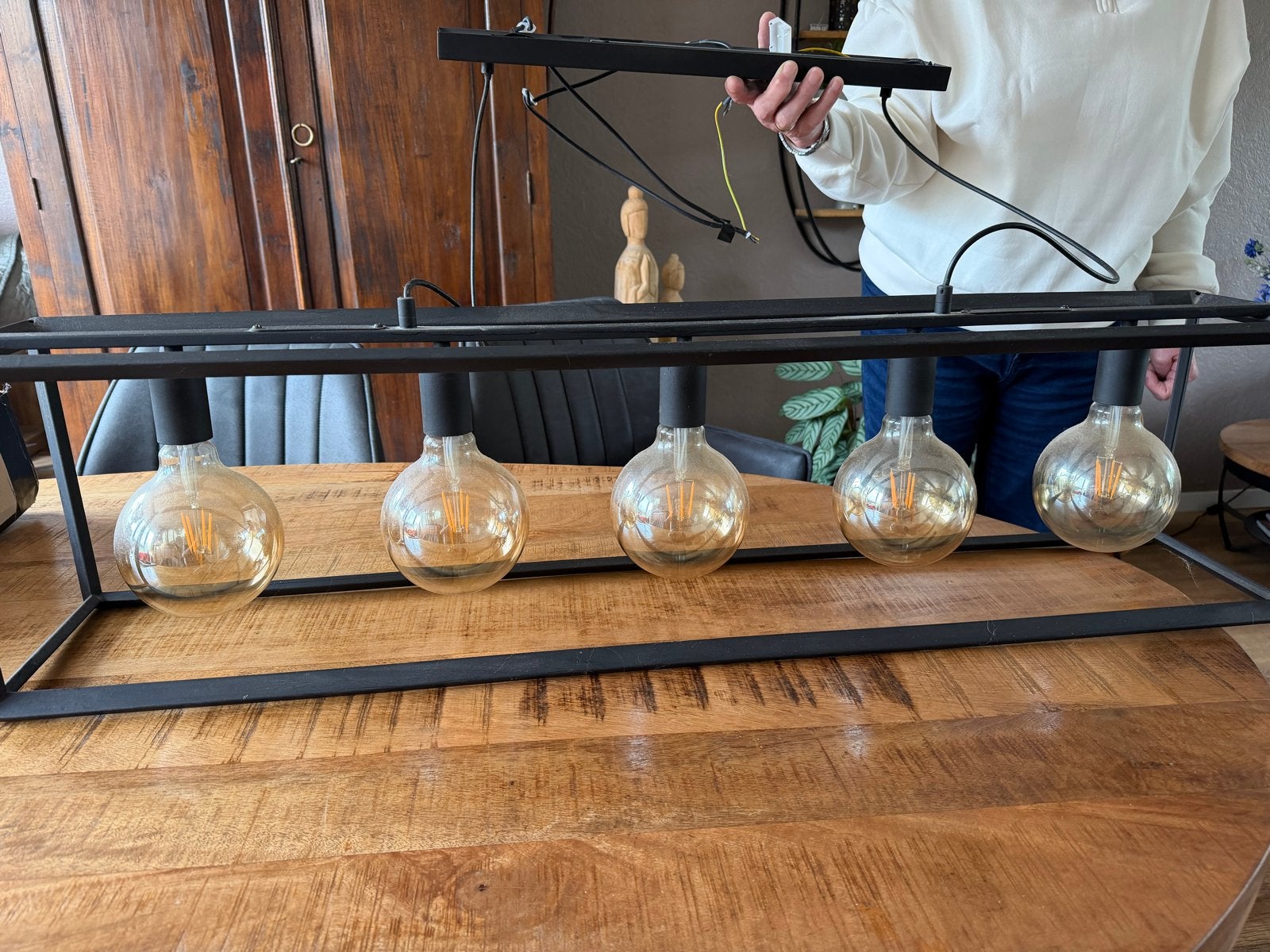 Industriële hanglamp met 5 LED filament bollen, Ophalen, Gebruikt, Metaal, E27 (groot)