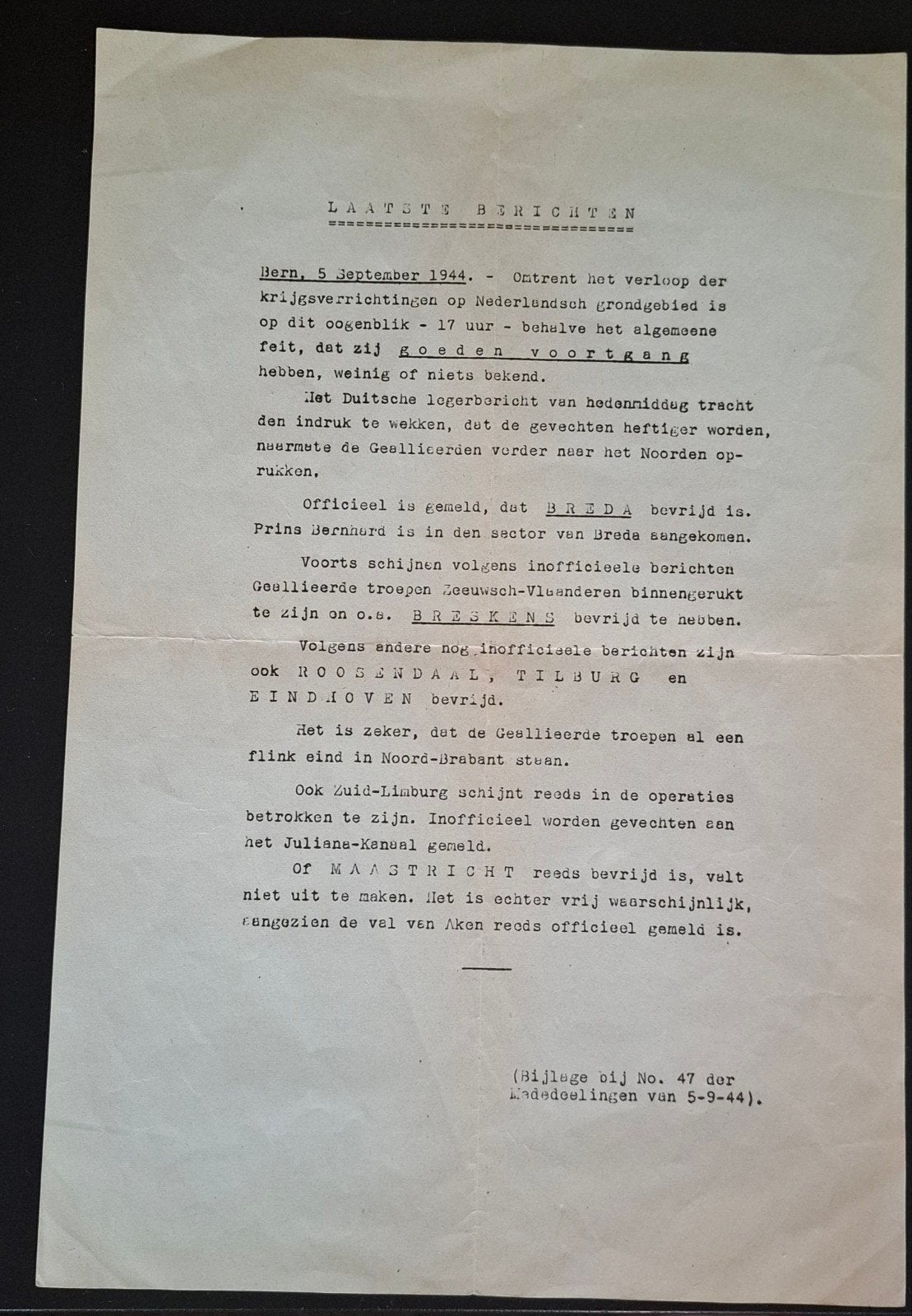 Laatste Berichten 5-9-1944: Breda, Tilburg, Eindhoven, Ophalen of Verzenden, 1940 tot 1960, Nederland, Knipsel(s)