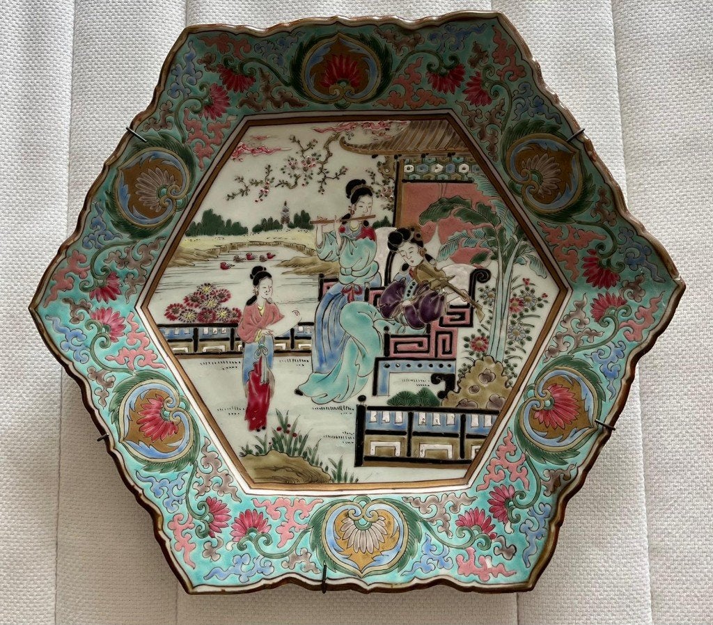 GROOT Japans wandbord vintage zeshoekig turquoise, Ophalen, Gebruikt, Decoratieobject, Steen/keramiek