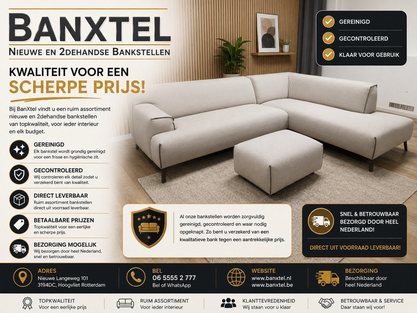 Zeer Mooi BEIGE Hoekbank met Poef van LEOLUX OSCAR !!!