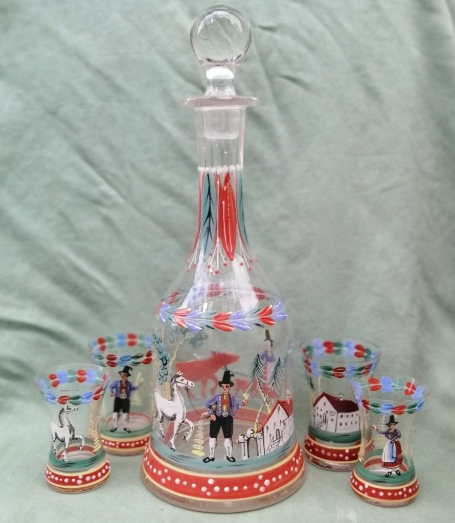 Antieke jeneverfles met 4 glaasjes - Emaille beschilderd, Antiek en Kunst, Antiek | Glas en Kristal, Ophalen of Verzenden
