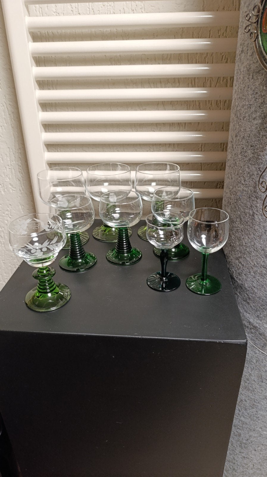 Set van 9 Vintage Groene Wijnglazen/Moezel glazen, Ophalen