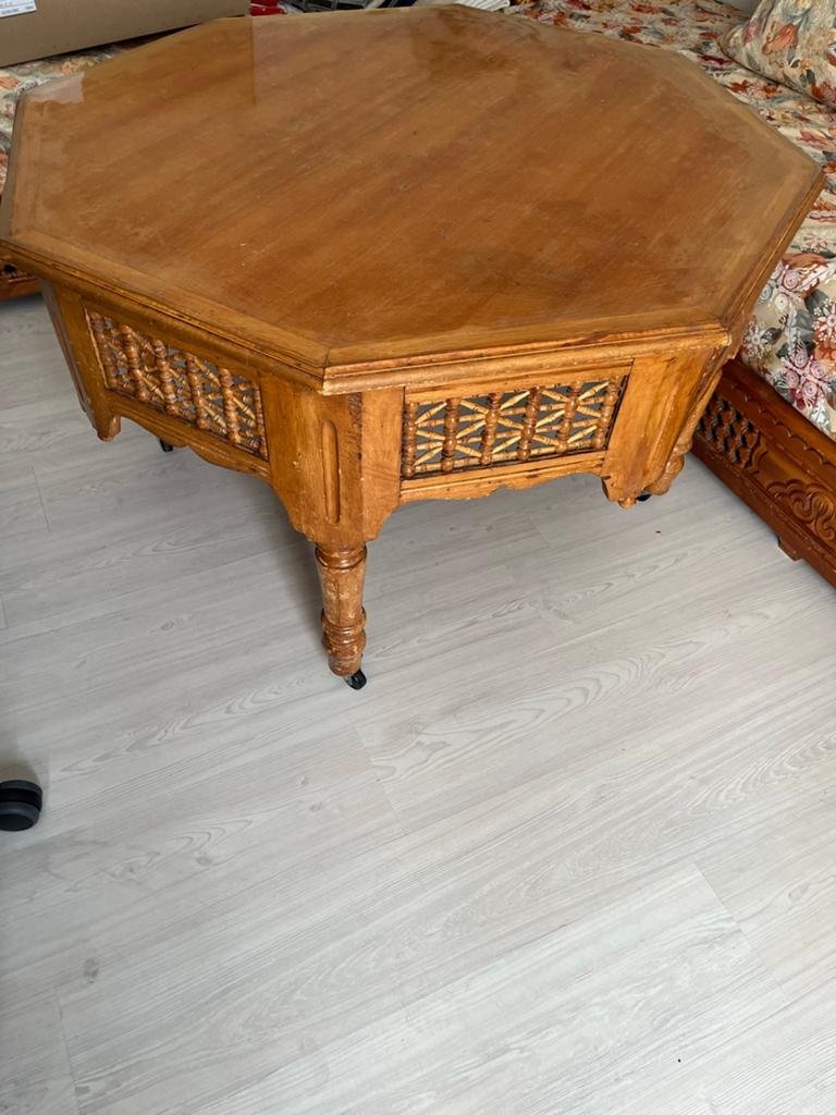 Zeshoekige arabische houten salontafel, Ophalen, Overige vormen, Marokkaans/arabisch, 100 tot 150 cm
