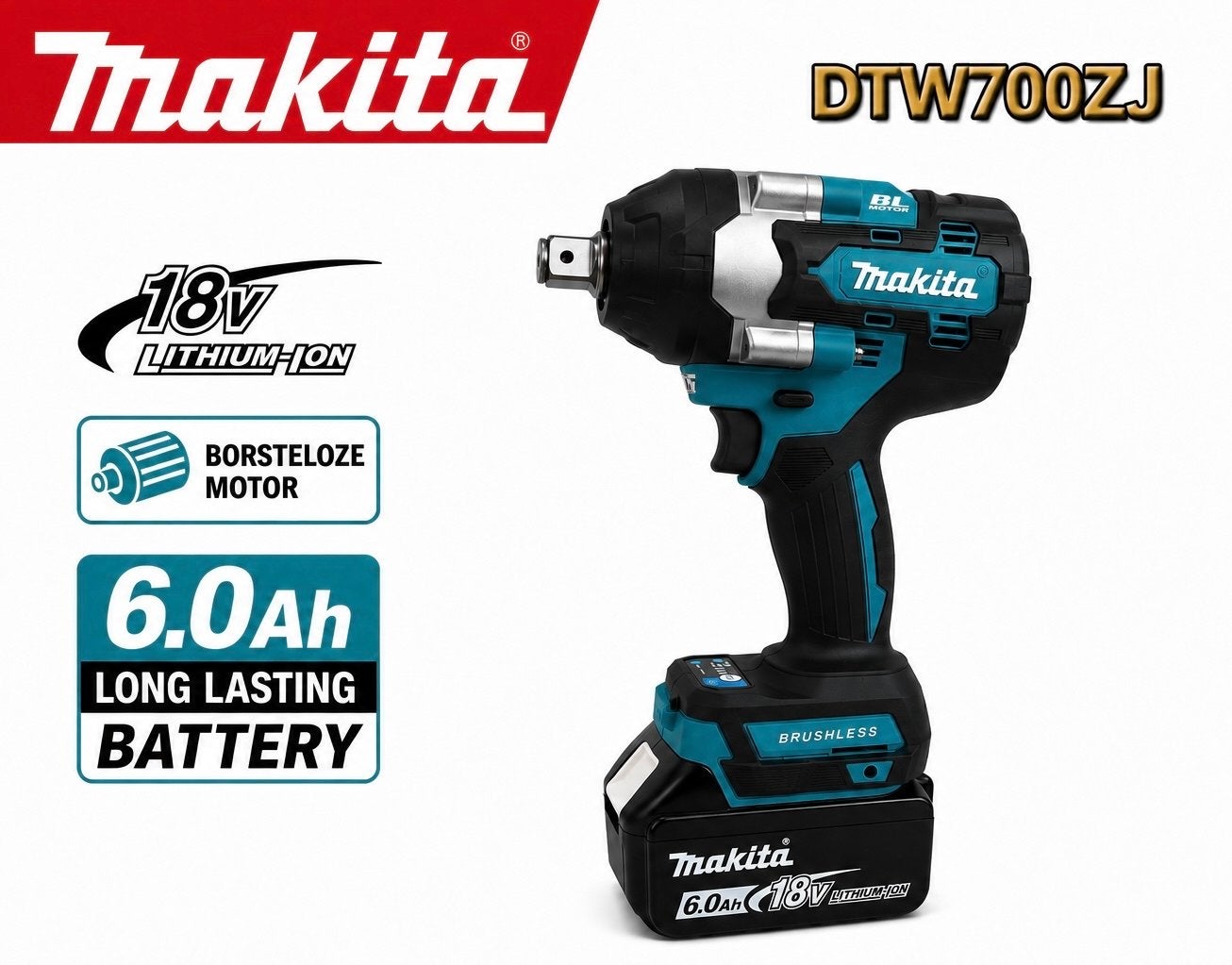 Makita DTW700ZJ Slagmoersleutel 700Nm 1/2" 18V 6.0Ah nieuw, Doe-het-zelf en Verbouw, Gereedschap | Boormachines, 600 watt of meer
