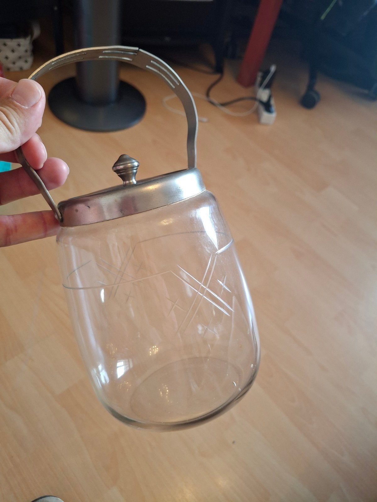 Vintage glazen pot met metalen deksel en handvat, Ophalen of Verzenden