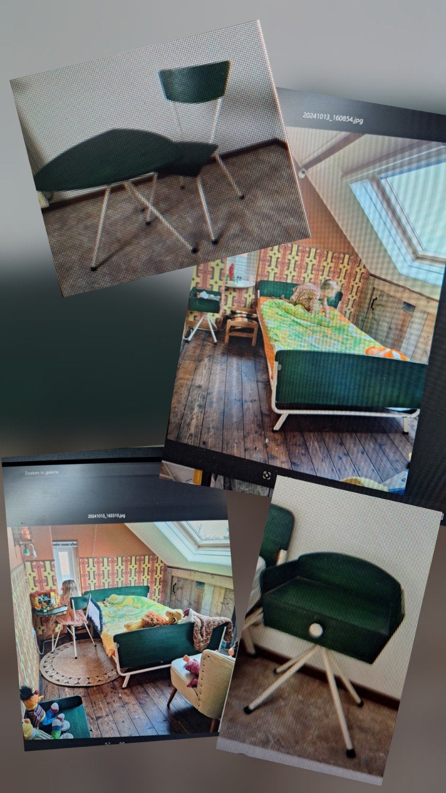Vintage groene  slaapkamer, bed tafeltje met stoel en nachtk, Antiek en Kunst, Ophalen