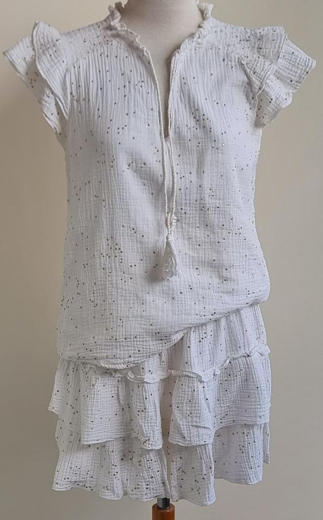 Drole de Copine witte set met gouden accenten mt. M/L, Kleding | Dames, Maat 38/40 (M), Kostuum of Pak, Wit, Ophalen of Verzenden