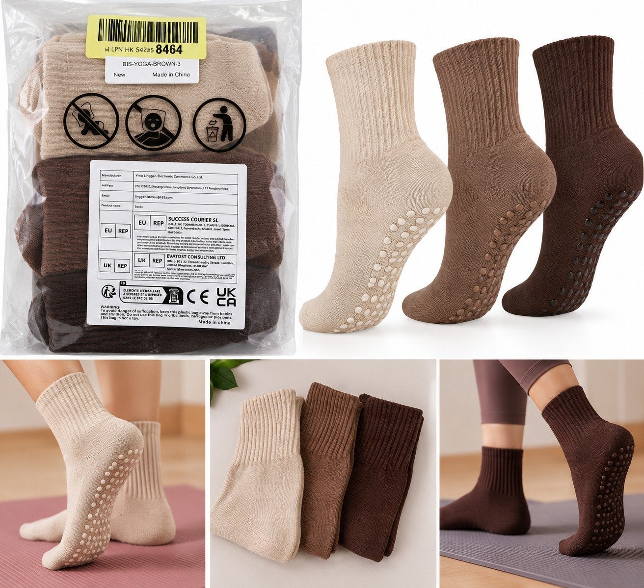 Antislip Sokken - Yoga & Pilates - Bruin/Beige (3 paar), Sokken en Kniesokken, Bruin, Nieuw, Overige maten