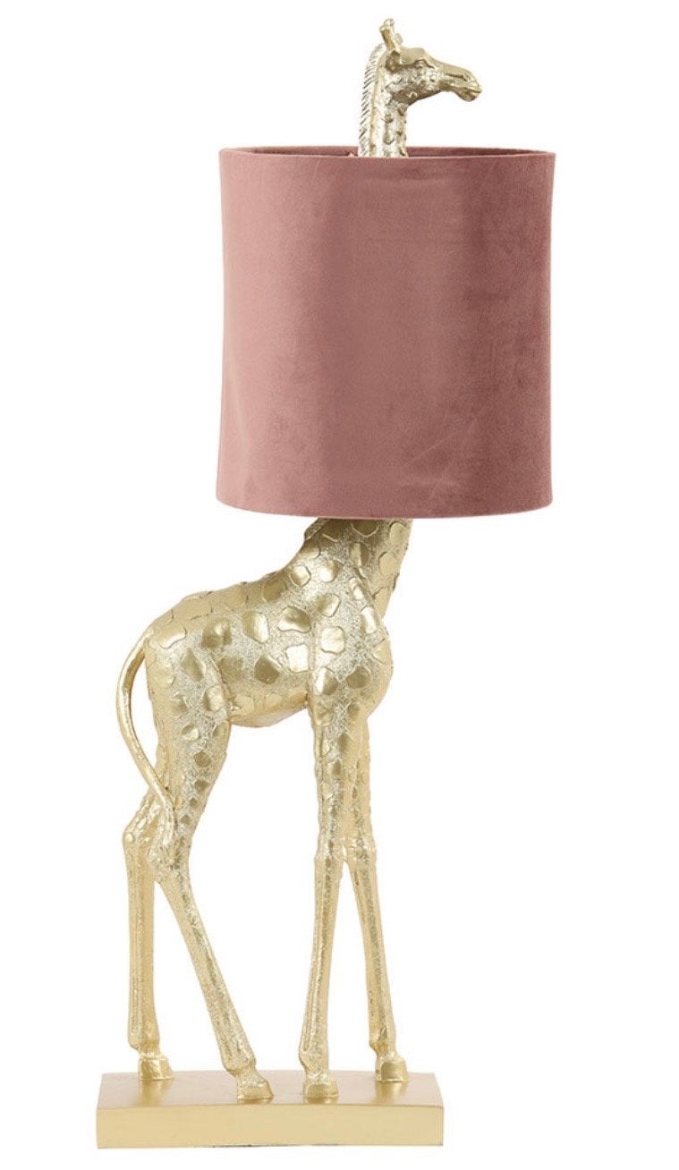 Gouden Giraffe Lamp met Roze Velvet Kap, Ophalen, Textiel, Zo goed als nieuw, Goud