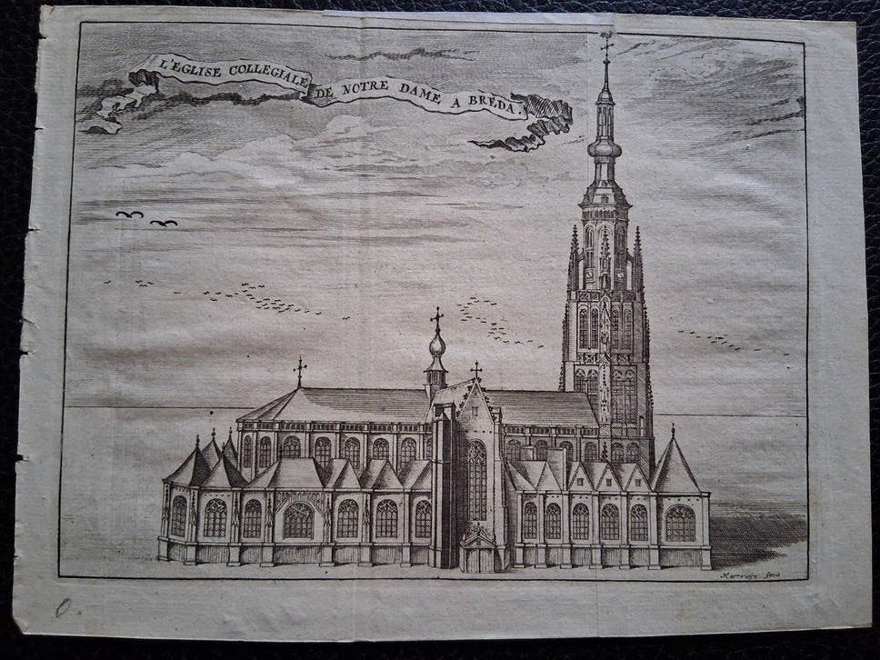 L'Eglise Collegiale de Notre Dame a Breda, Antiek en Kunst, Kunst | Etsen en Gravures, Met tekst, Architectuur, Ophalen of Verzenden