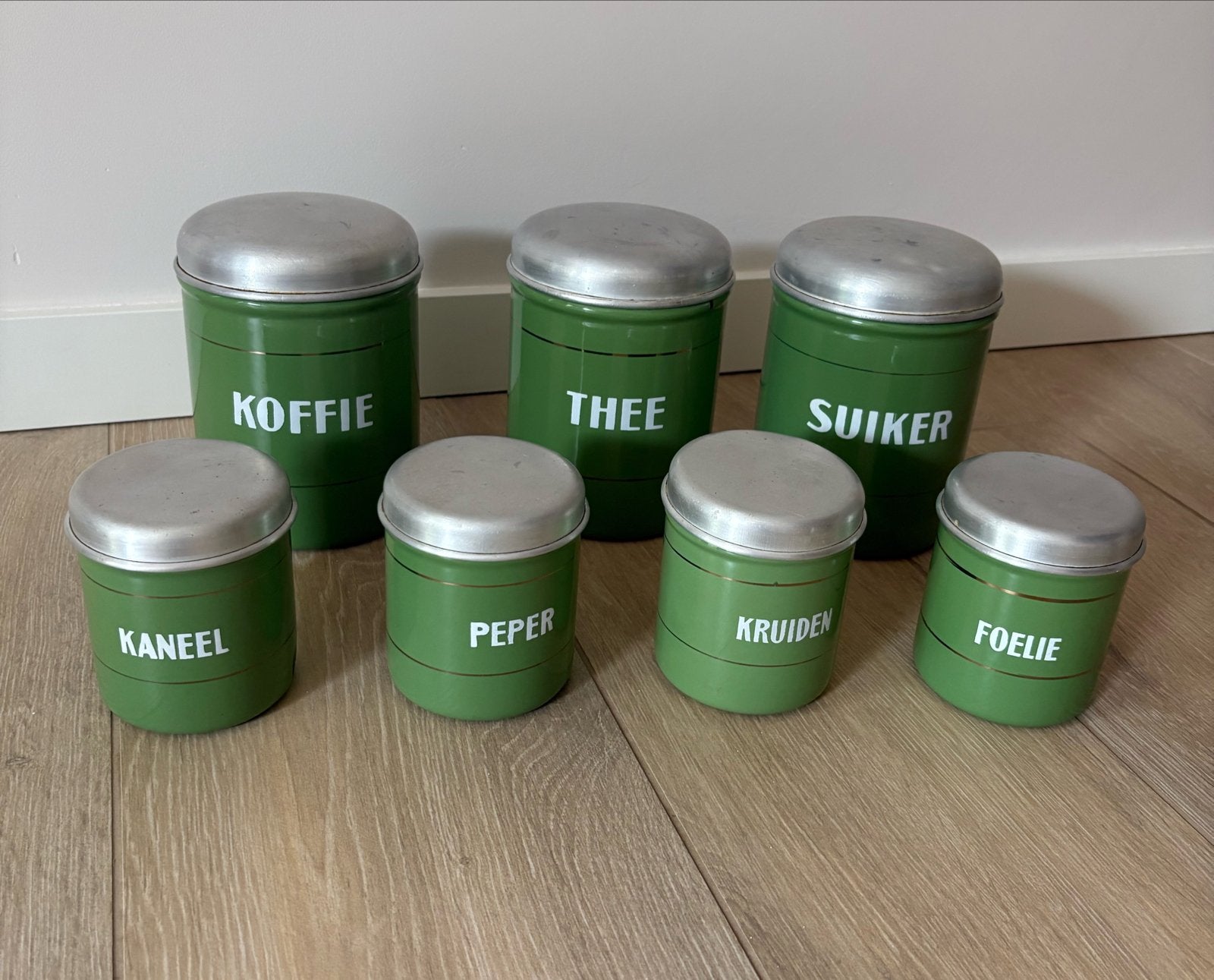 Vintage voorraadblikken set - Koffie, Thee, Suiker, Kruiden, Ophalen