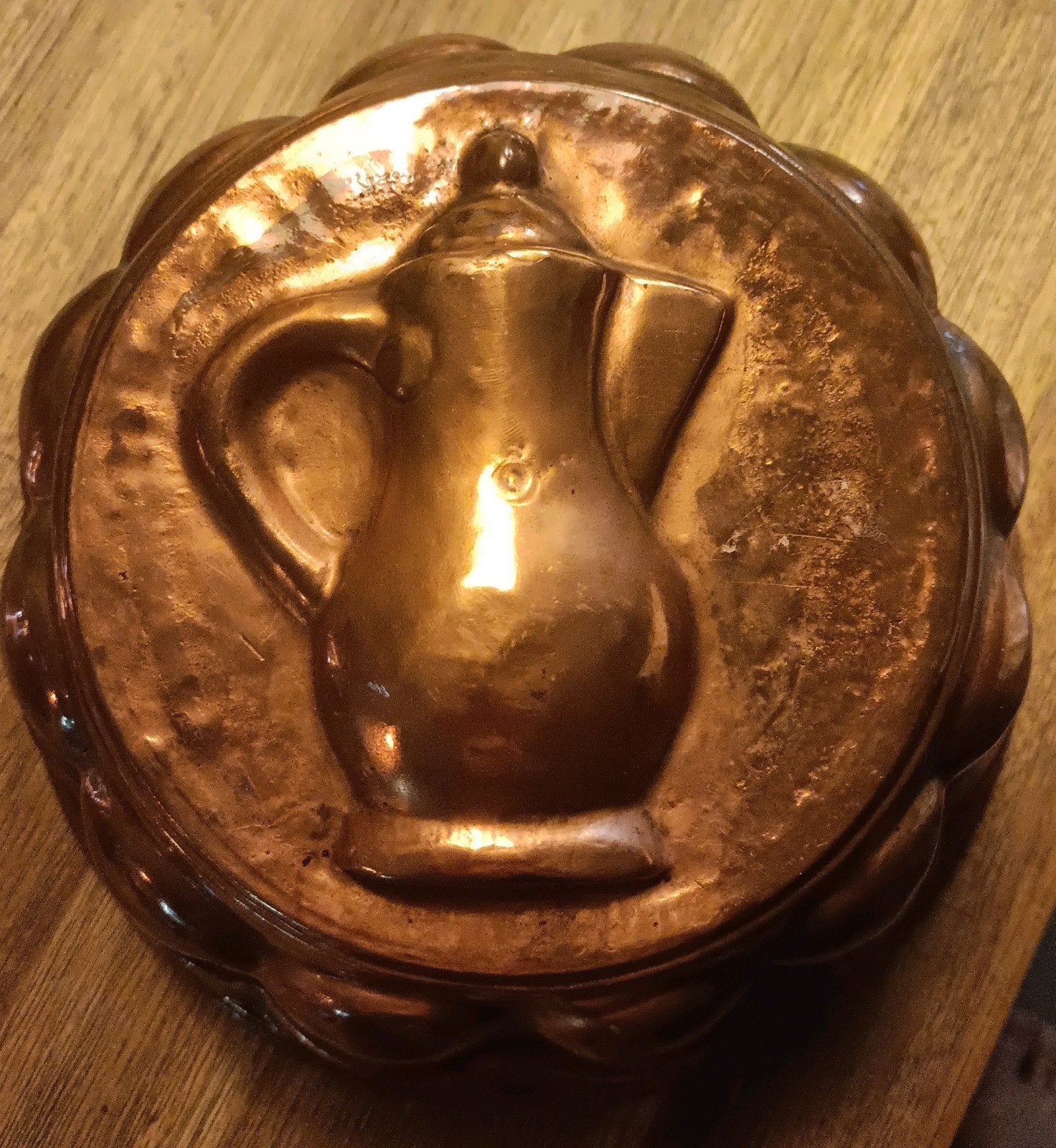 Antieke Koperen Puddingvorm met Kan Reliëf, Antiek en Kunst, Ophalen of Verzenden