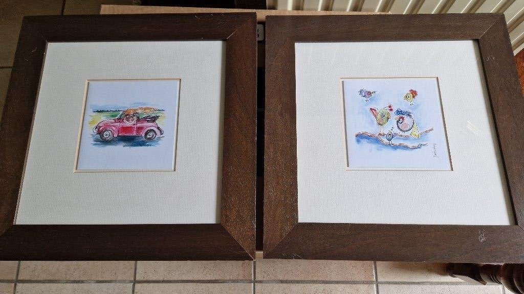 2 aquarels in lijst gesigneerd, Huis en Inrichting, Woonaccessoires | Schilderijen, Tekeningen en Foto's, Minder dan 50 cm, Overige typen