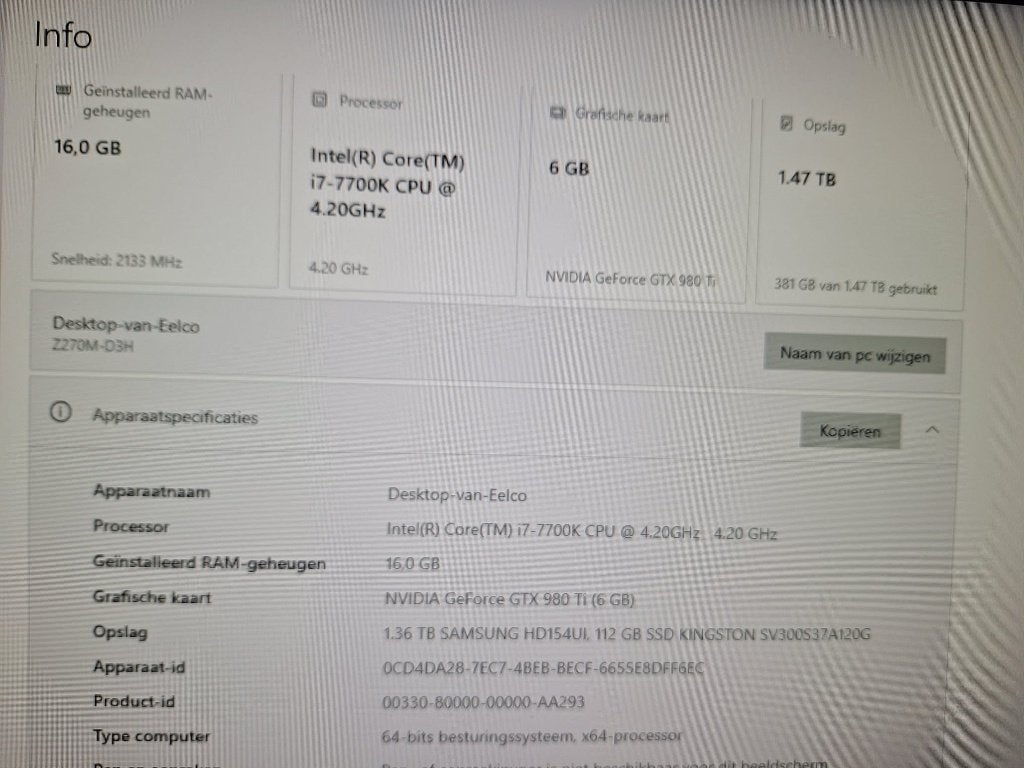 Gaming PC: i7-7700K, 16GB RAM, GTX 980 Ti, 1.47TB Opslag, Computers en Software, Ophalen, Zelf gebouwde pc, Zo goed als nieuw