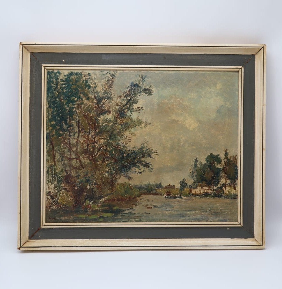 Olieverfschilderij Landschap met water, gesigneerd 1852, Antiek en Kunst, Kunst | Schilderijen | Klassiek, Doek, Impressionistisch