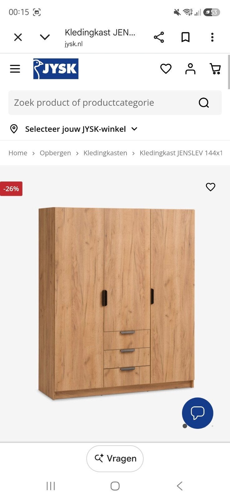 JENSLEV Kledingkast 144x176 met 3 deuren en 3 lades, Eikenhout, Zo goed als nieuw, 150 tot 200 cm, 50 tot 75 cm