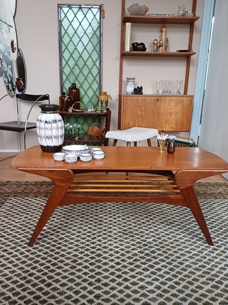 Mid-century teak salontafel met omkeerbaar blad–Jaren 60, Huis en Inrichting, 100 tot 150 cm, Teakhout, 50 tot 100 cm, Zo goed als nieuw