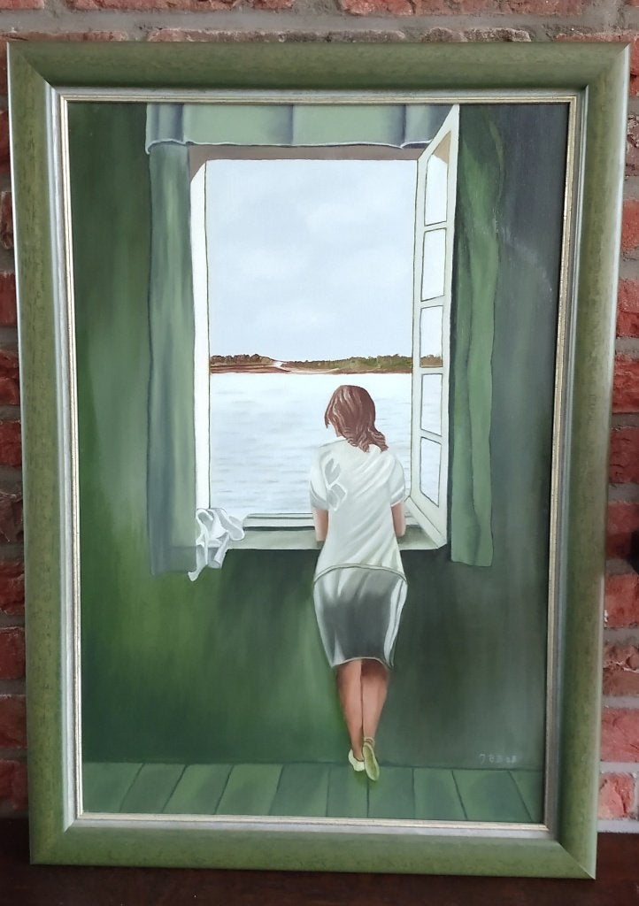 schilderij vrouw aan het raam van Salvadori Dali, volgnr 23, Ophalen of Verzenden, Overige onderwerpen, Overige ondergronden