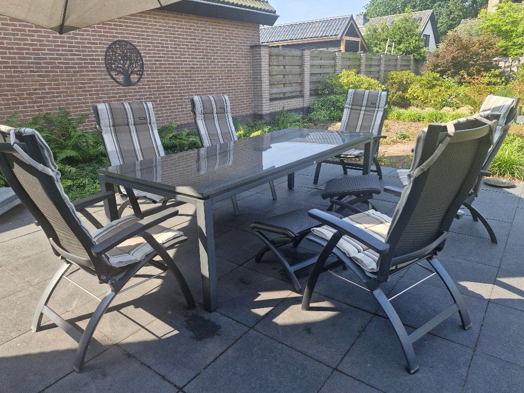 Tuinmeubelset + parasol, Ophalen, Overige materialen, Gebruikt, 6 zitplaatsen