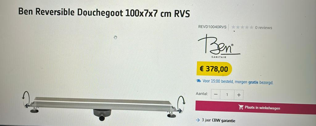 Ben Reversible Douchegoot 100x7x7 cm RVS, Doe-het-zelf en Verbouw, Sanitair, Ophalen of Verzenden, Nieuw, Rvs, Douche