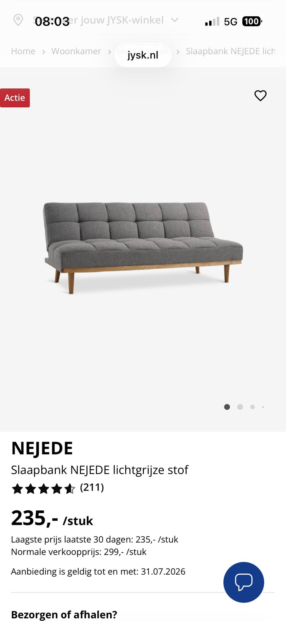 Slaapbank NEJEDE lichtgrijze stof - JYSK, Ophalen, Tweepersoons, Zo goed als nieuw, Overige maten