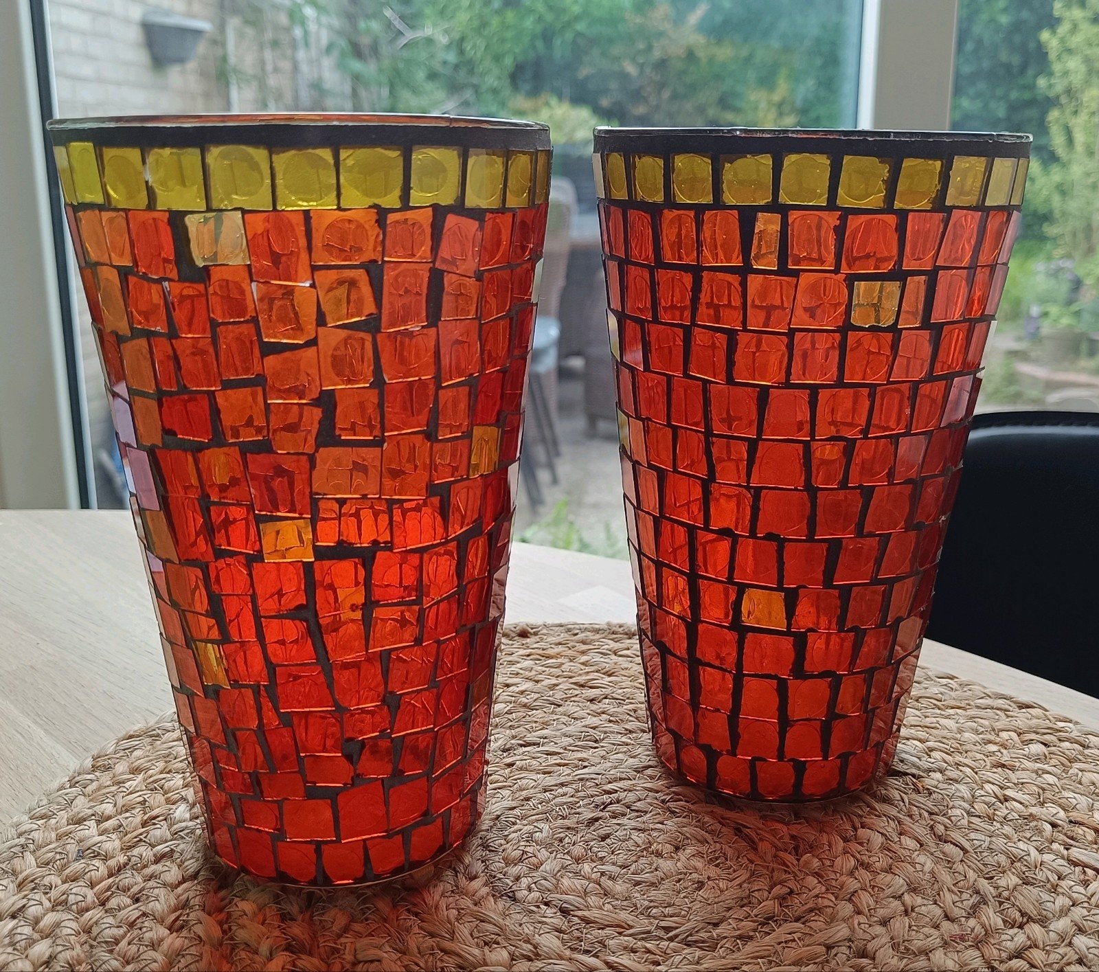Set van 2 mozaïek vazen/windlichten, oranje/geel, Antiek en Kunst, Ophalen