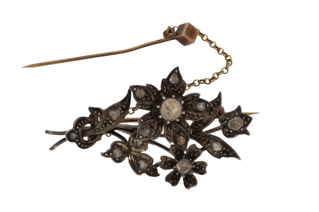 Diamanten antieke bloem tak broche 14k goud zilver dames, Verzenden, Goud, Broche, Met edelsteen