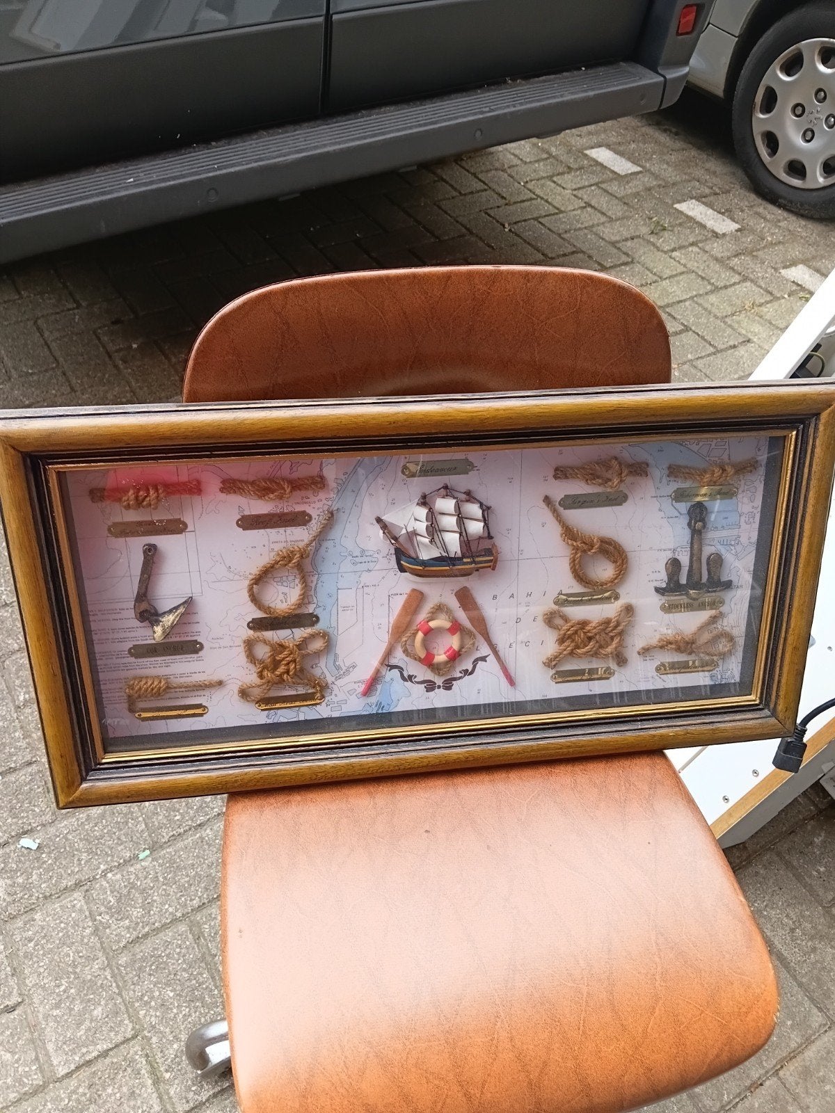 Nautisch decoratiestuk 'Endeavour' met knopen en schip, Ophalen of Verzenden