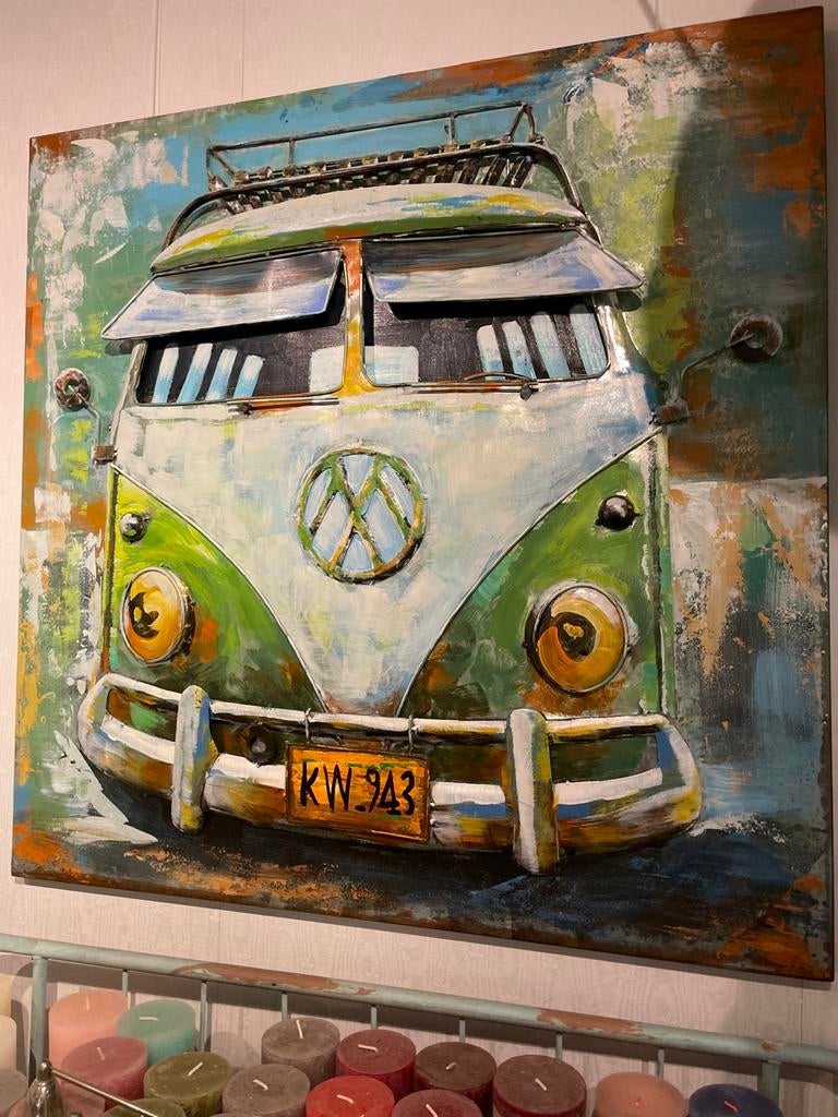 Nieuwe Uniek 3D Metalen Kunstwerk 80x80 cm VW Busje Bus, Ophalen